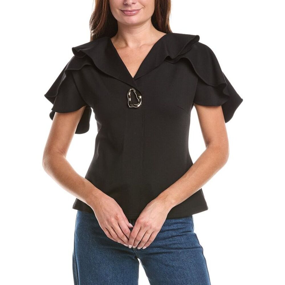 Gracia Womens Ruffled Neck & Sleeve Brooch Detail Top, Black